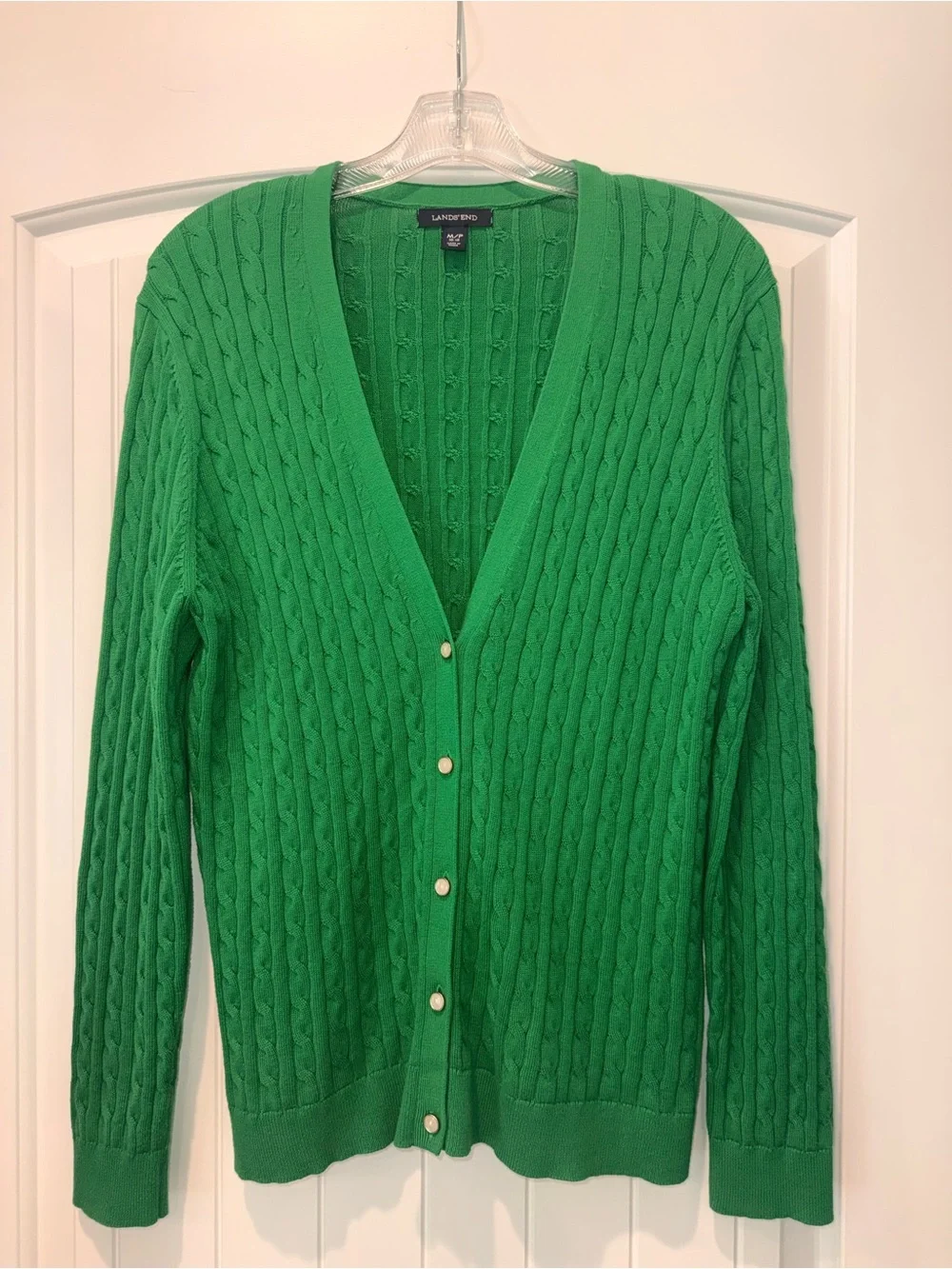 Lands' End Bright Green Cable Knit V‑Neck Button Cardigan